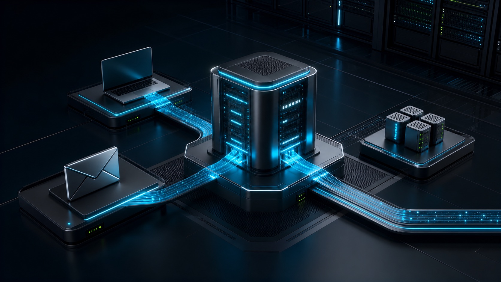 Web hosting, kurumsal e-posta ve sanal sunucu hizmetlerini birbirine bağlayan altyapı görseli